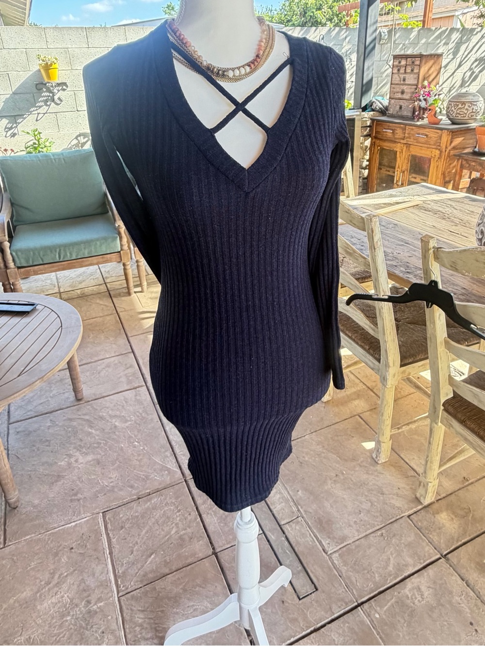 Charlotte Russe Blue Ribbed Knit V-Neck Long Sleeve Stretch Bodycon Dress S